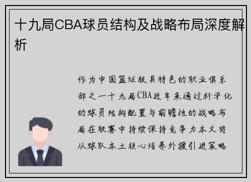 十九局CBA球员结构及战略布局深度解析